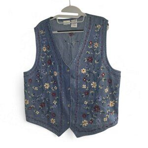 Bobbie Brooks Vest Denim Vintage Embroidered  XL 16/18 Floral